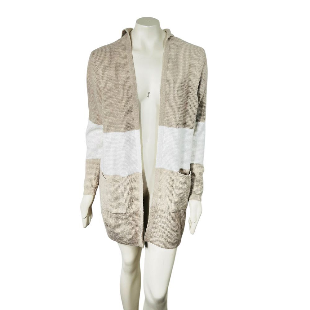 Cozy Hooded Long Cardigan Color Block Beige White Knit Sweater Peyton Primrose - Picture 2 of 9